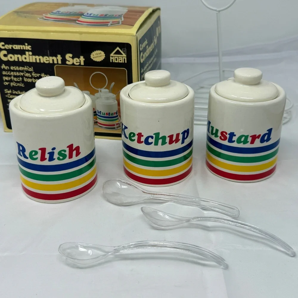 VTG HOAN Ceramic MCM Condiment Set Relish Ketchup Mustard‎ Jars 3pc Enamel Rack
